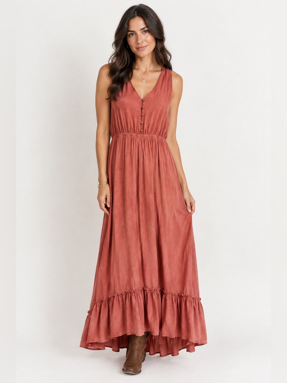 BB Dakota Rust Button-Front Maxi Long Dress Large Western Boho Tiered Farmcore
